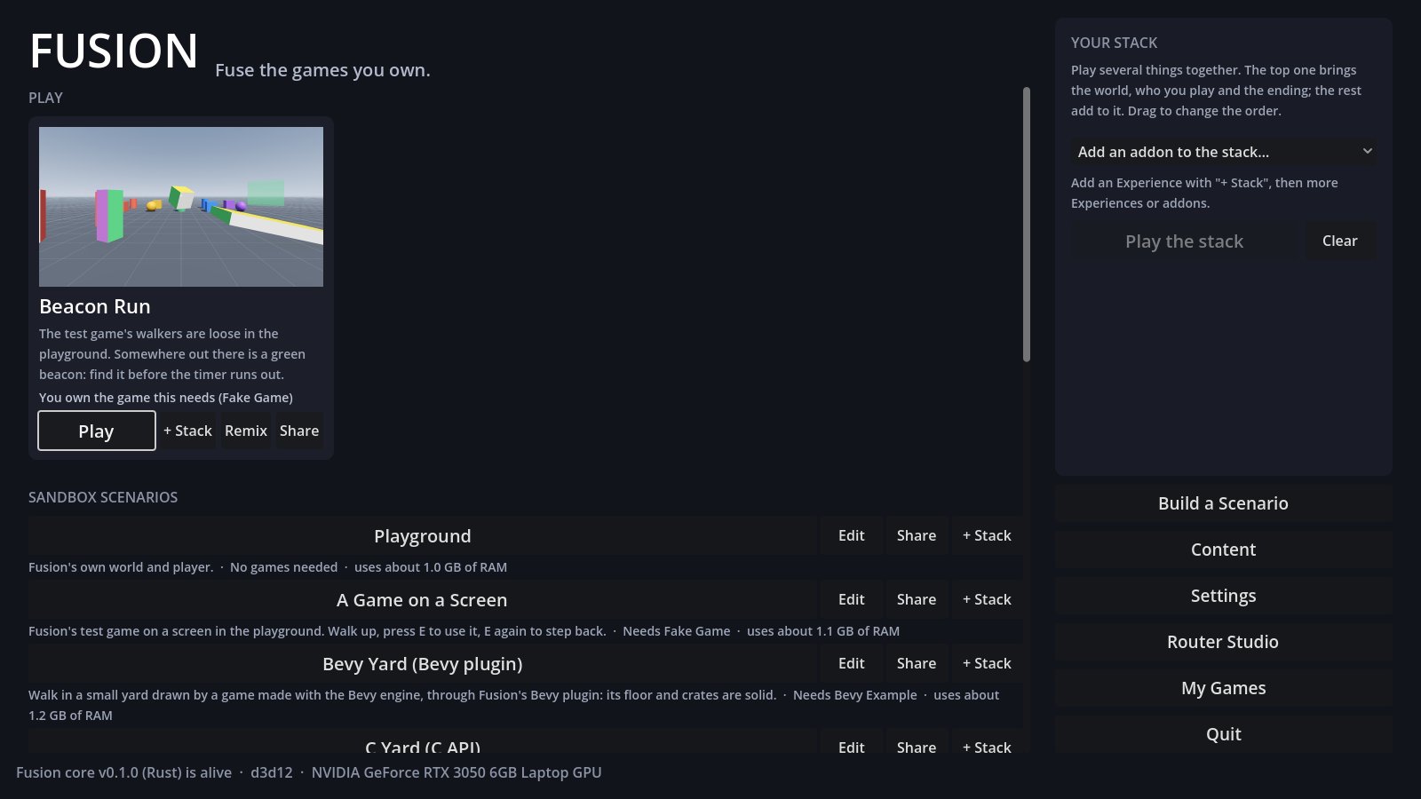 Fusion's main menu
